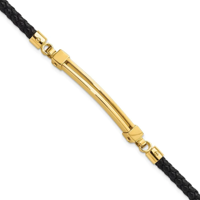 Women’s engraved bangles-14k Yellow Gold Bar Leather Bracelet, 8" (W-3.8mm)