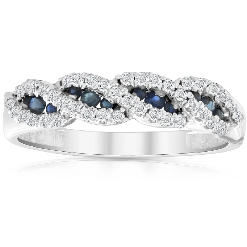 Women’s delicate engagement rings-1/3 Ct Blue Sapphire & Diamond Ladies Swirl Wedding Ring 10k White Gold