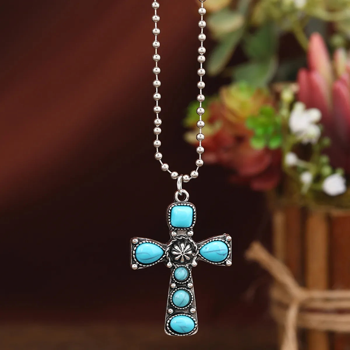 Women’s star-shaped necklaces-Ethnic Style Cross Alloy Inlay Turquoise Silver Plated Pendant Necklace