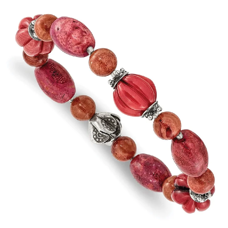 Women’s elegant bangle sets-Sterling Silver Antiqued Beads/ Red Coral Stretch Bracelet-WBC-QH4563