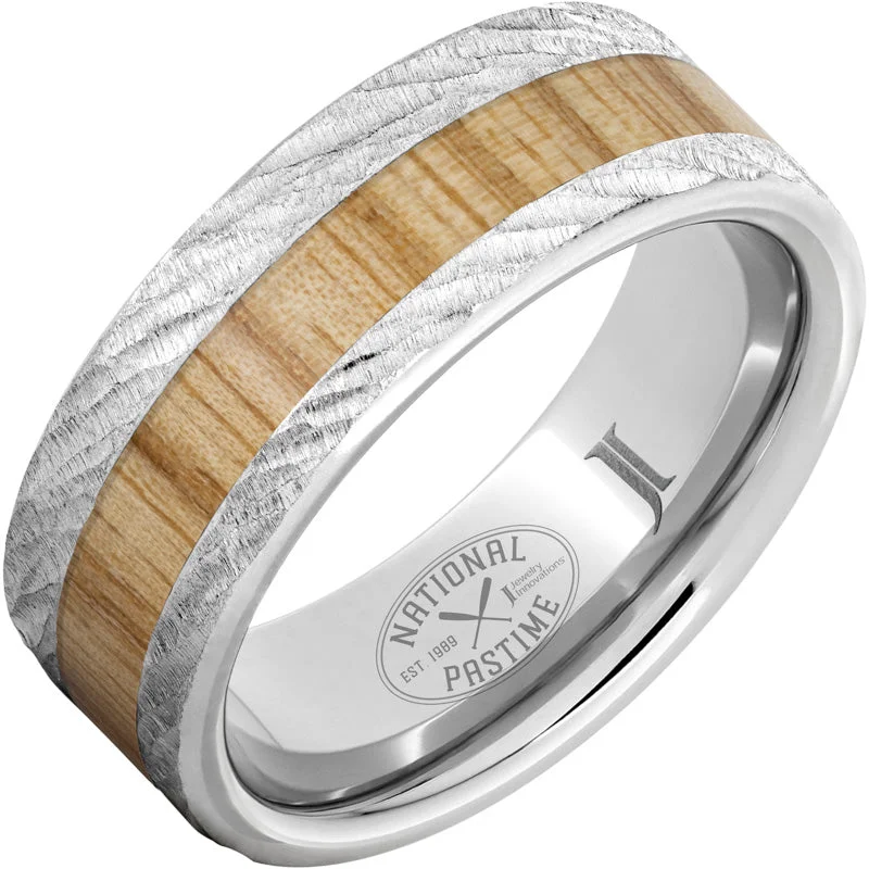 Women’s simple gold rings-National Pastime Collection™ Serinium® Ring with White Ash Vintage Baseball Bat Wood Inlay and Bark Finish