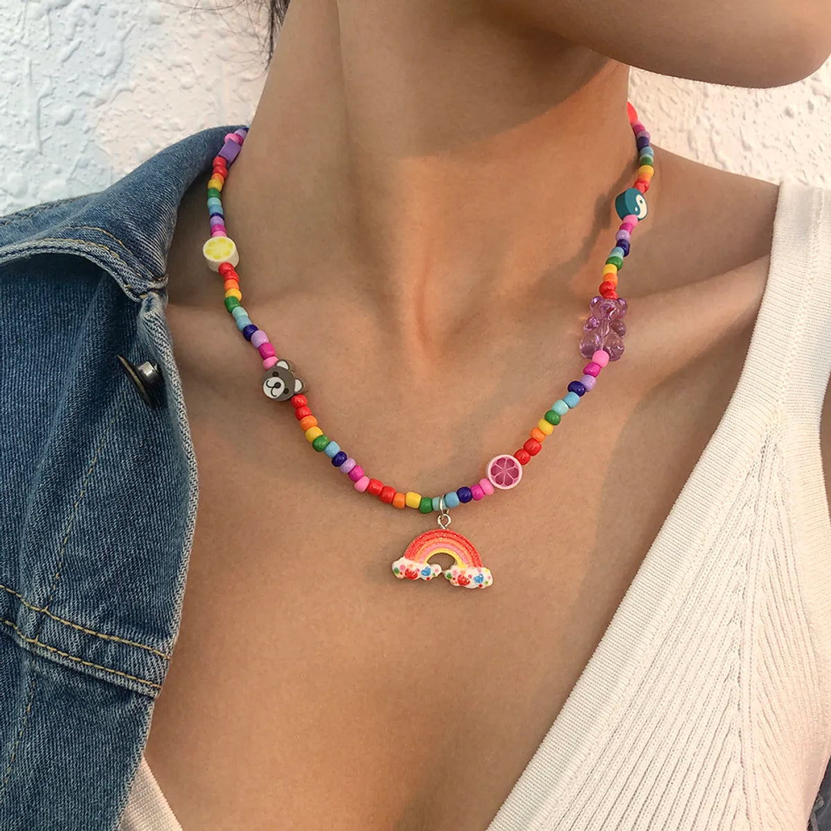 Women’s personalized charm necklaces-Vacation Little Bear Rainbow Heart Shape Alloy Seed Bead Soft Clay Inlay Resin Women's Pendant Necklace