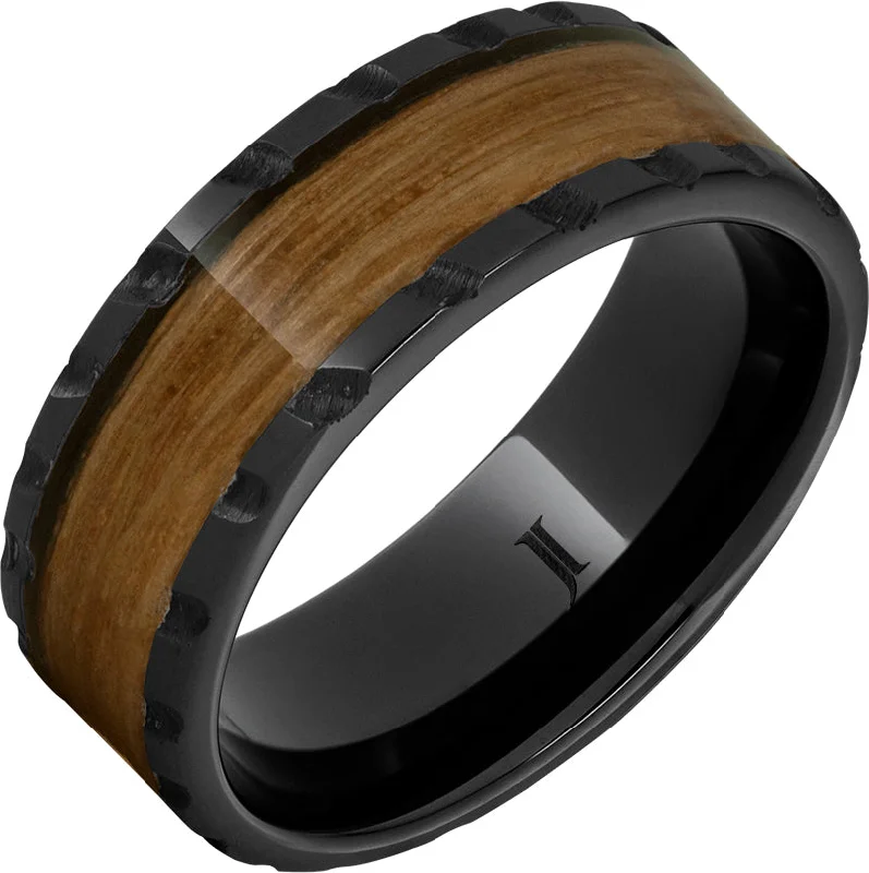 Women’s colorful gemstone rings-Barrel Aged™ Black Diamond Ceramic™ Ring with Single Malt Scotch Whiskey Inlay and Scored Finish