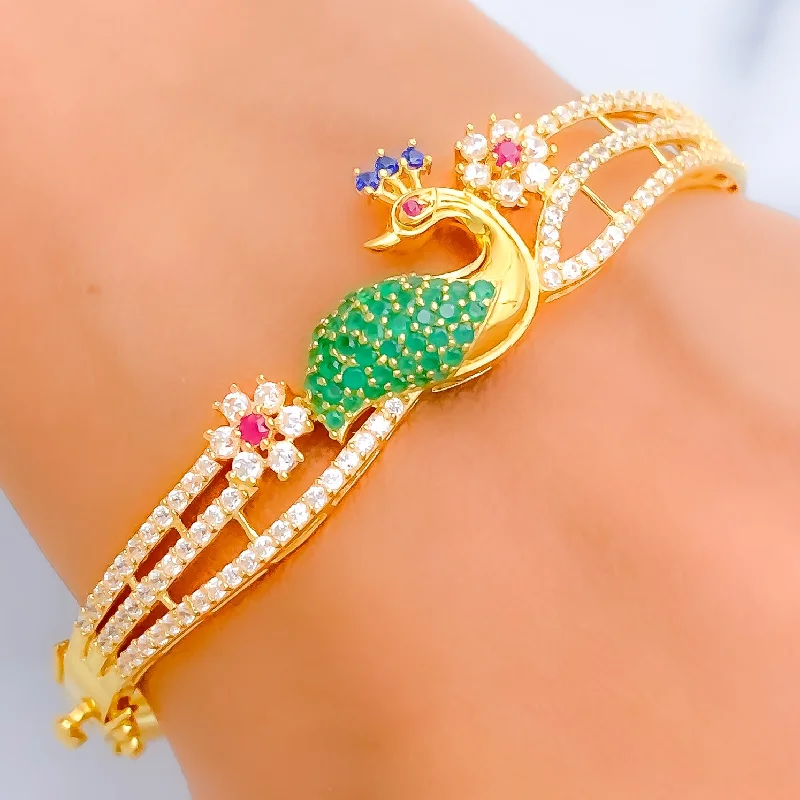 Women’s adjustable bracelets-Extravagant Beautiful Peacock 22k Gold CZ Bangle Bracelet