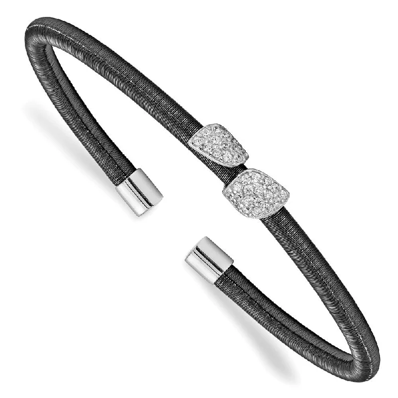 Women’s sterling silver bracelets-925 Sterling Silver Rhodium & Ruthenium Cubic Zirconia Leaf Cuff Bangle Bracelet