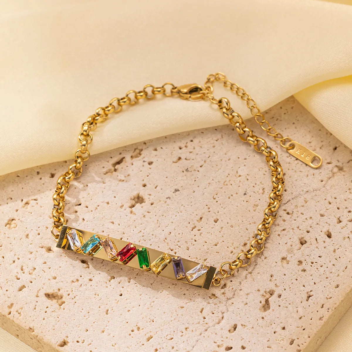 Qye2048 Colorful Crystals Rectangular Bar Bracelet Gold