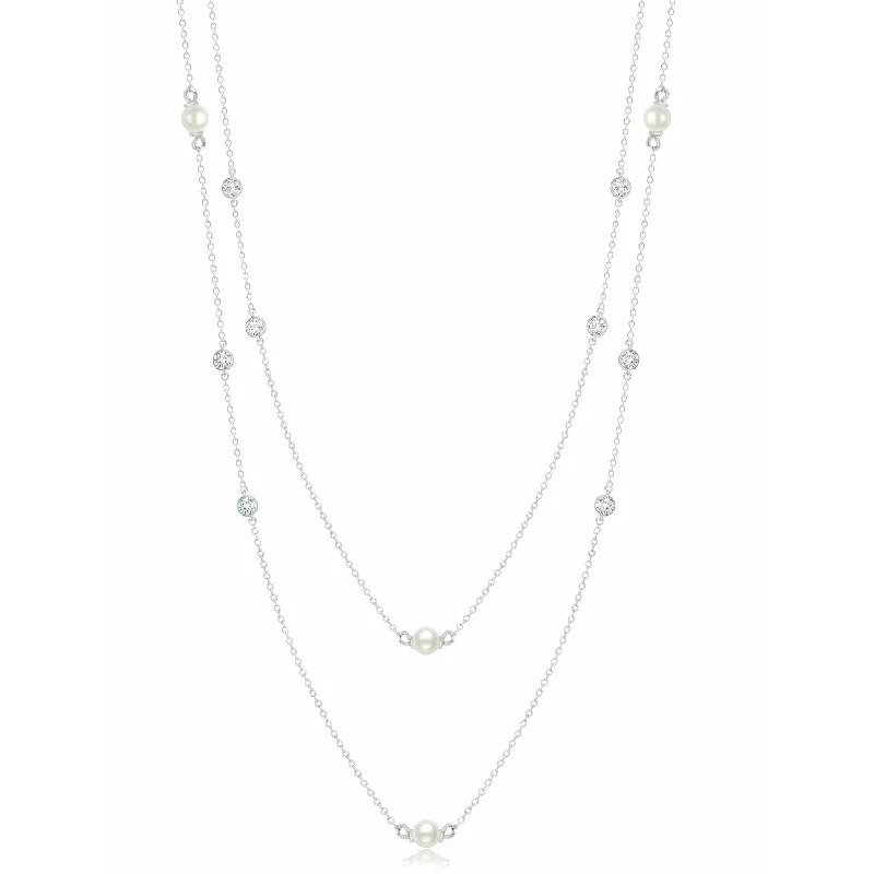 Women’s zodiac necklaces-CRISLU Genuine Pearl 36" Multi Station Necklace with Bezel Set  Cubic Zirconia In Pure Platinum