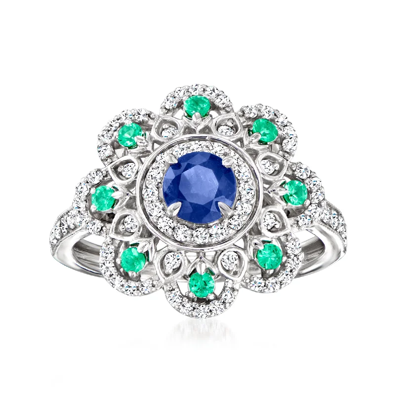 Women’s radiant cut engagement rings-Ross-Simons Sapphire, . Emerald and . Diamond Ring in Sterling Silver