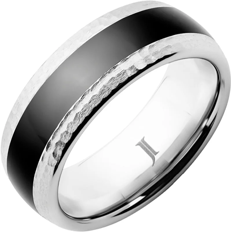 Women’s matching wedding rings-Serinium® Ring with Hammered Edges and Black Ceramic Inlay