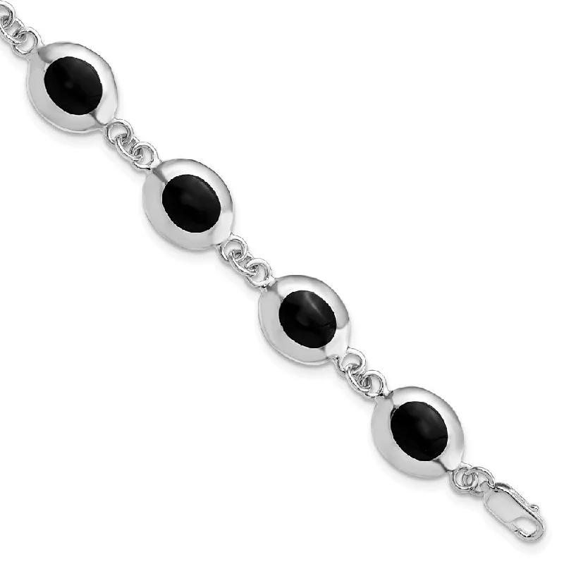 Women’s engraved bangles-Sterling Silver Fancy Polished Onyx Bracelet-WBC-QH386-7