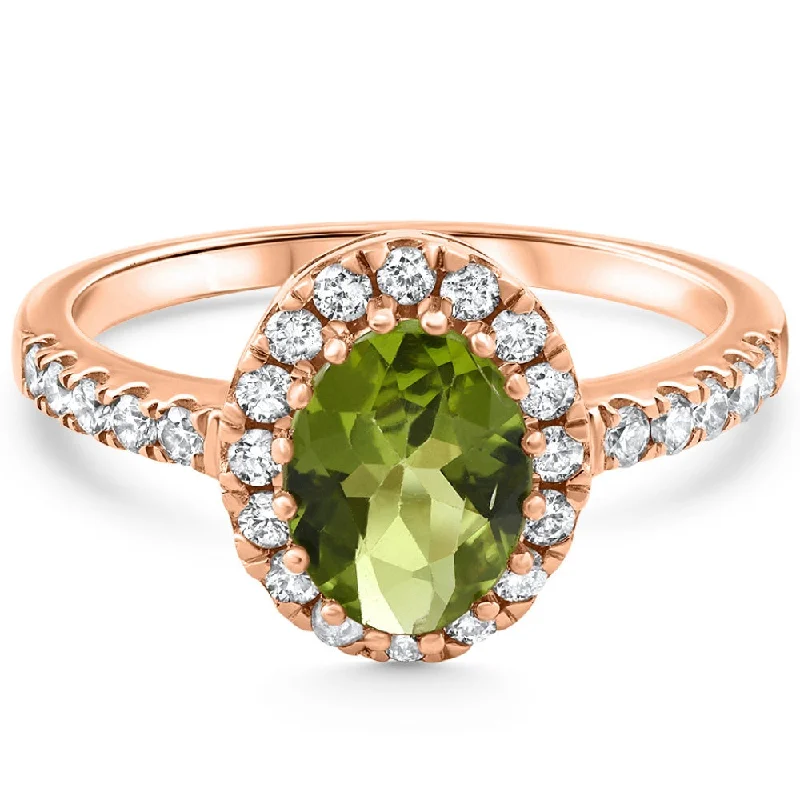 Women’s heart-shaped engagement rings-1 1/2Ct Oval Peridot Halo Diamond Ring 14k Gold Lab Grown