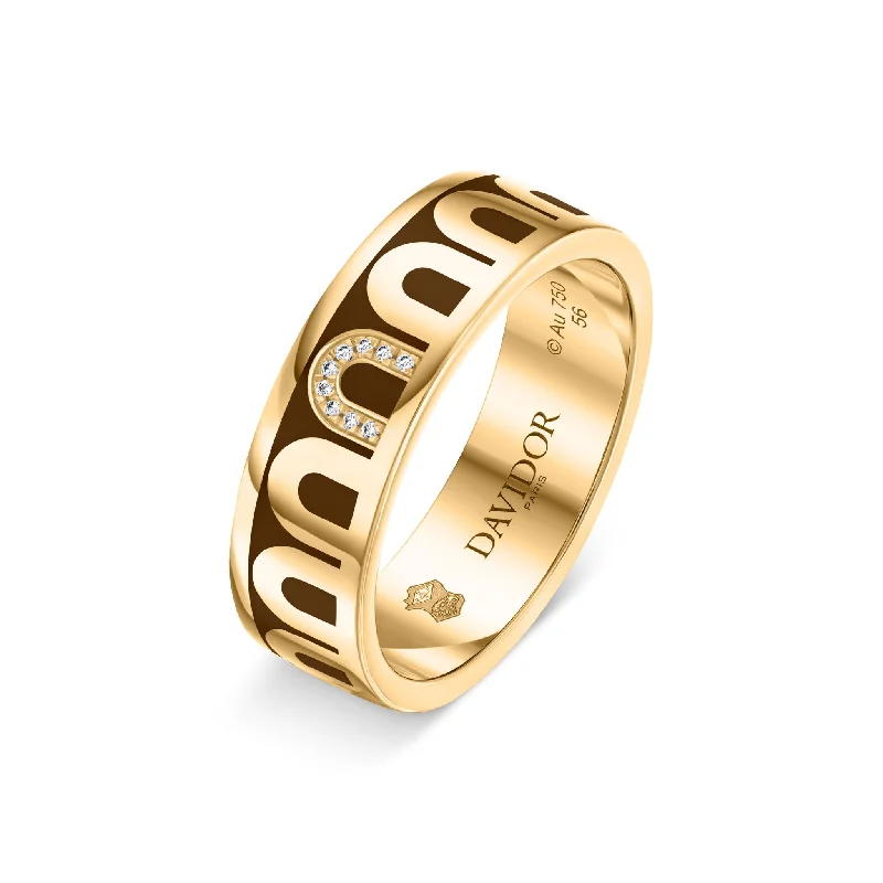 Women’s chunky rings-L’Arc de DAVIDOR Ring MM, 18k Yellow Gold with Cognac Lacquered Ceramic and Porta Simple Diamonds