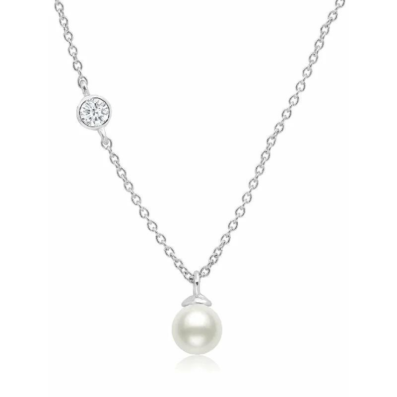 Women’s fashion pendant necklaces-CRISLU Genuine Pearl Drop Pendant accented with Bezel Set Cubic Zirconia In Pure Platinum