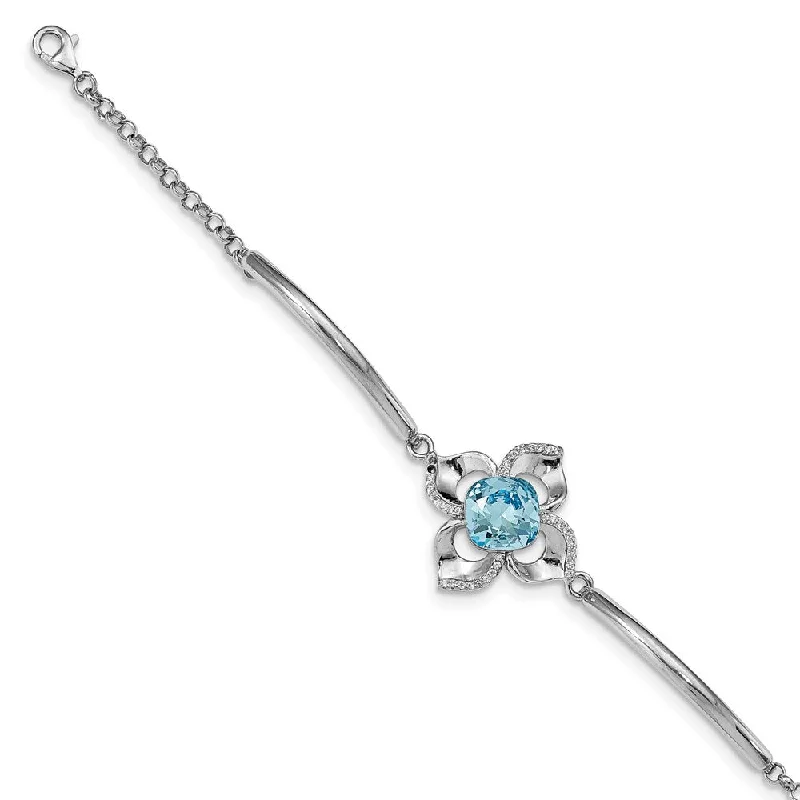 Women’s sterling silver bangles-Sterling Silver RH-plated Clear/Blue Crystal Flower w/1in ext Bracelet-WBC-QG4954-7