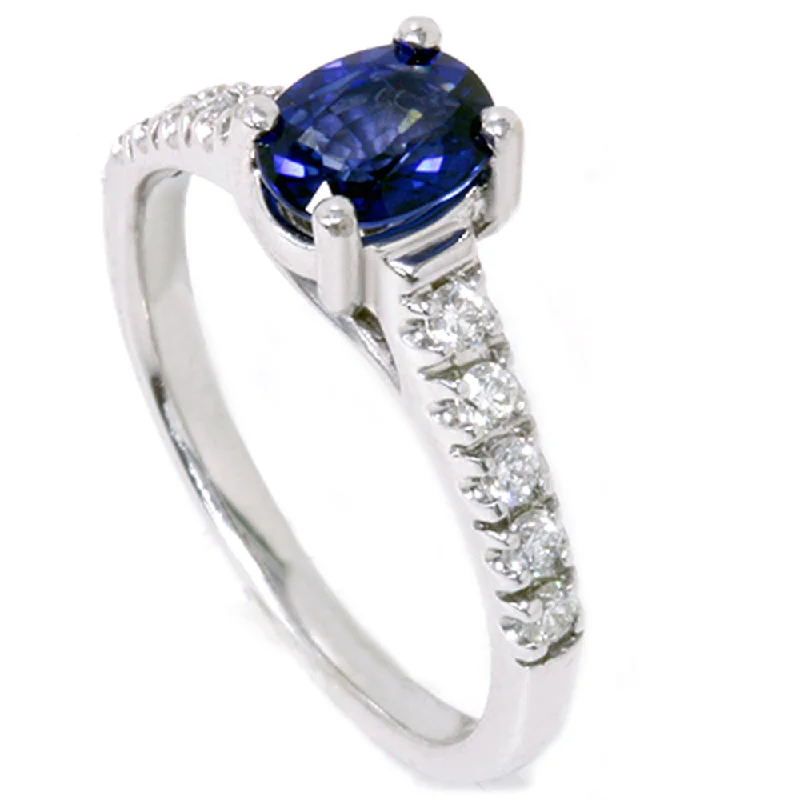 Women’s gold engagement rings-7/8ct Blue Sapphire Accent Diamond Ring 14K White Gold