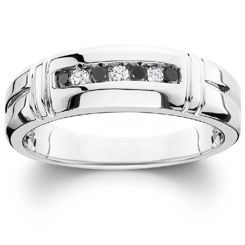 Women’s eco-friendly engagement rings-1/3ct Black & White Diamond Mens Wedding Ring 10K White Gold