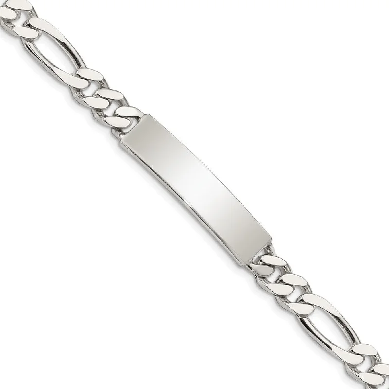 Women’s bohemian bracelets-Sterling Silver Polished Engraveable Figaro Link ID Bracelet-WBC-QID92-8.5