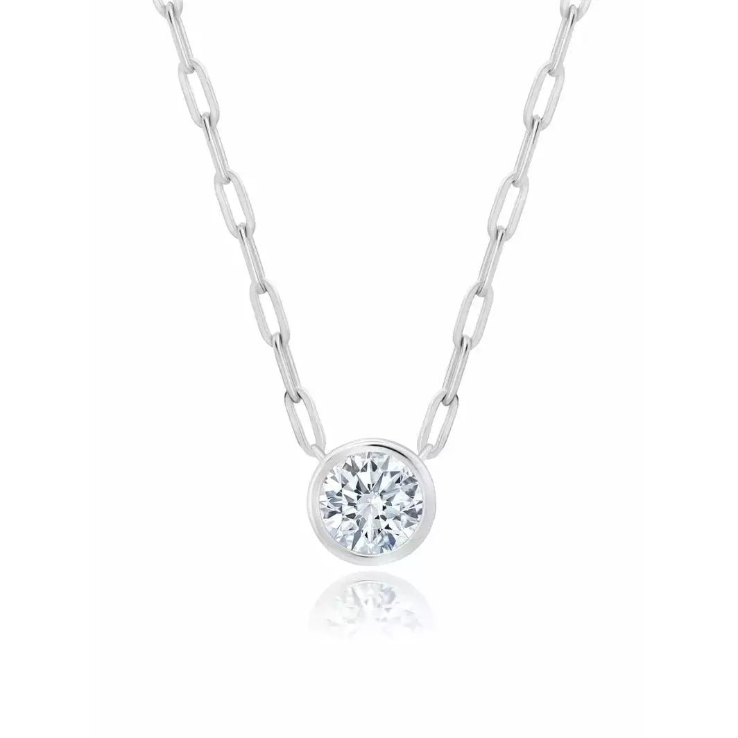 Women’s heart-shaped necklaces-CRISLU ROUND SOLITAIRE CZ STONE WITH  PAPERCLIP  CHAIN