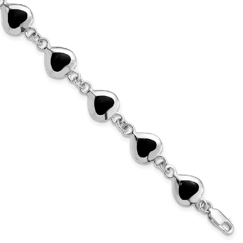 Women’s wedding bangle sets-Sterling Silver 7inch Fancy Polished Heart Onyx Bracelet-WBC-QH387-7