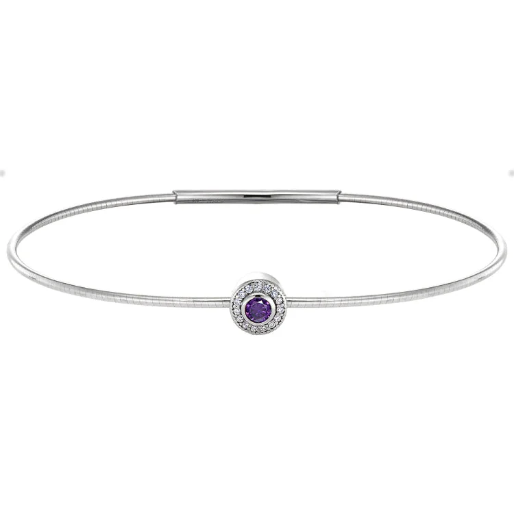 Women’s beaded bangle bracelets-Platinum Finish Sterling Silver Round Simulated Amethyst Birth Gem Bracelet with Simulated Diamonds