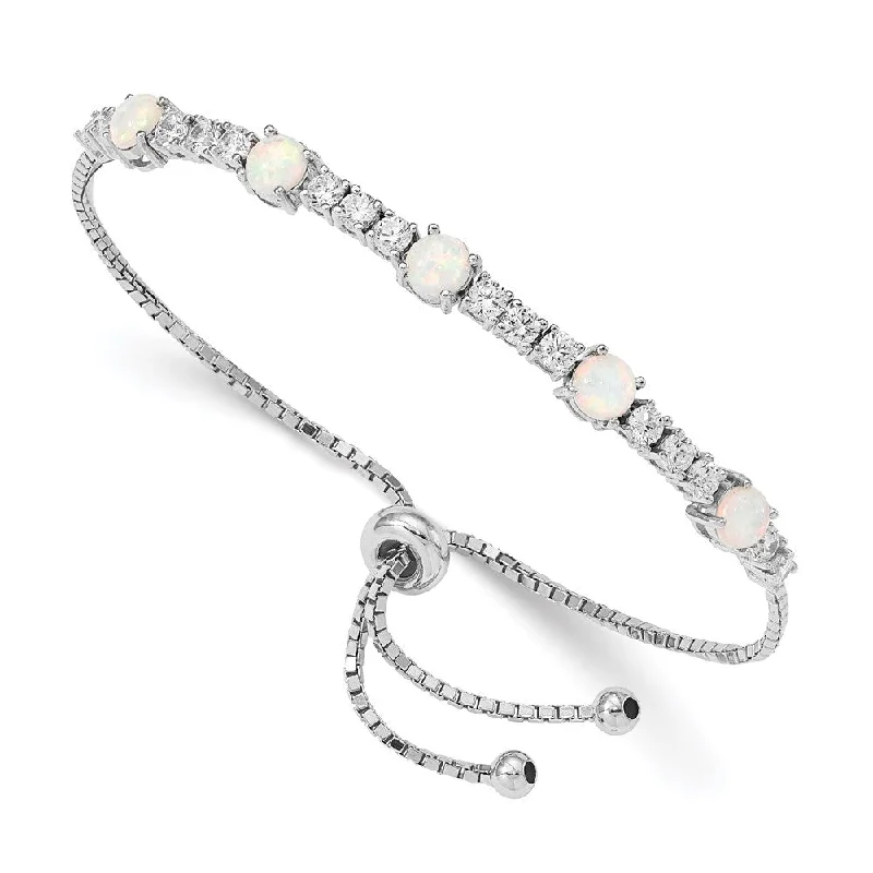 Women’s cuff bangle bracelets-Sterling Silver RH-plated Created Opal and CZ Adjustable Bracelet-WBC-QG4776