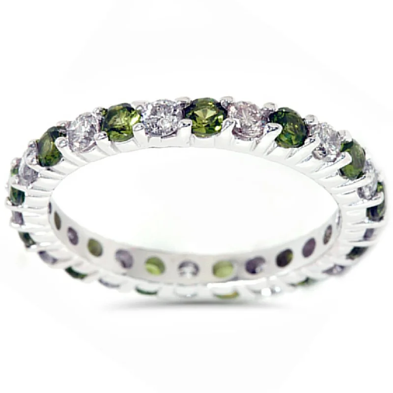 Women’s matching engagement and wedding rings-1 1/2ct Peridot & Diamond Common Prong Eternity Wedding Ring 14K White Gold