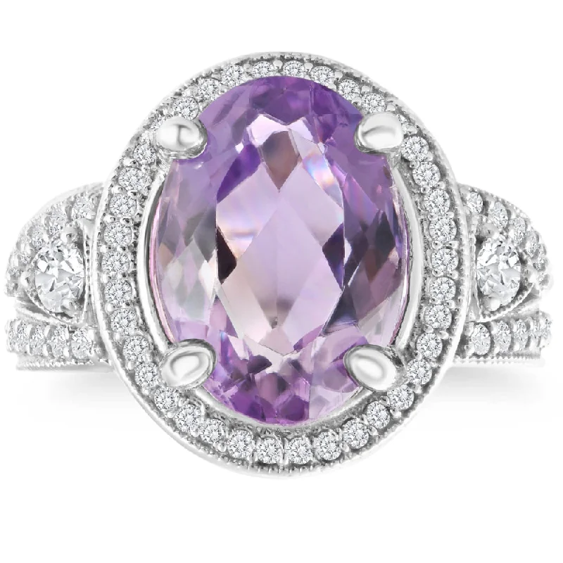 Women’s gold engagement rings-9 1/2ct Oval Amethyst Vintage Halo Diamond Ring 14k White Gold