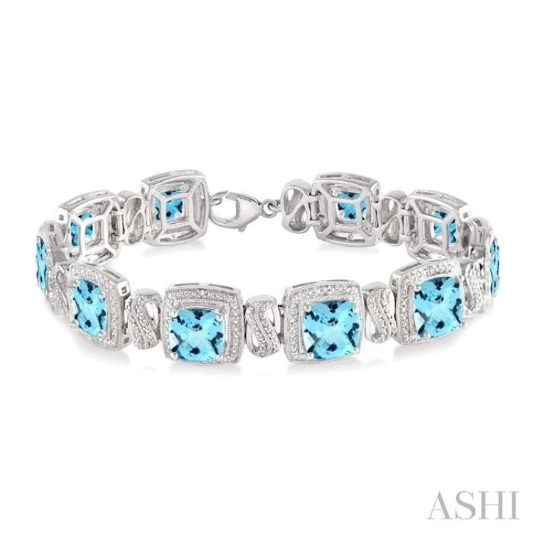 Women’s beaded bracelets-7x7 mm Cushion Cut Blue Topaz and 1/10 Ctw Single Cut Diamond Square Shape Bracelet in Sterling Silver