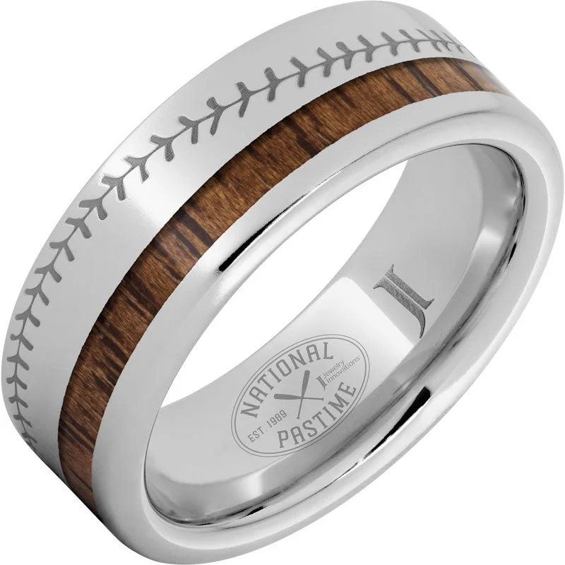 Women’s antique rings-National Pastime Collection™ Serinium® Ring with Hickory Vintage Baseball Bat Wood Inlay and Baseball Stitch Engraving