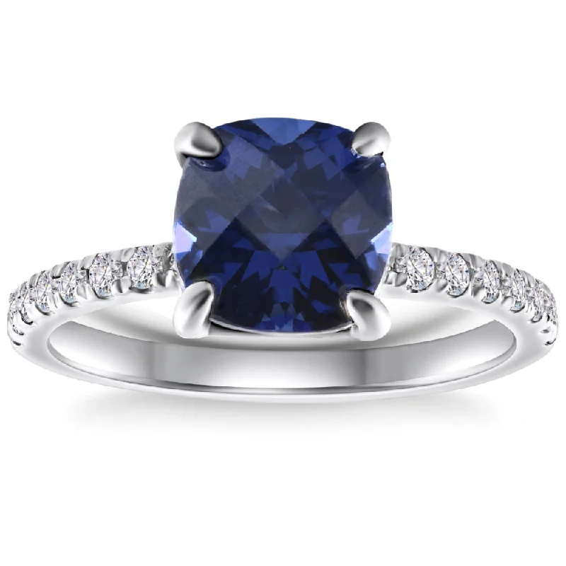 Women’s engagement rings with aquamarine-VS 2 1/3Ct TW Cushion Blue Sapphire & Diamond Ring in 14k White Gold