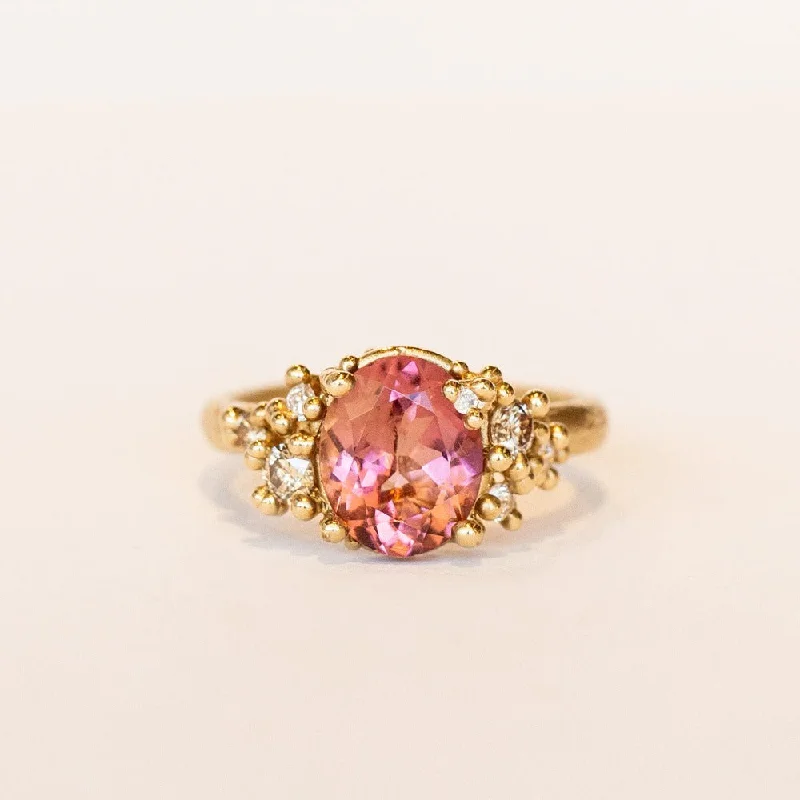 Women’s double halo engagement rings-Ruth Tomlinson | Pink Tourmaline and Diamond Ring with Granules