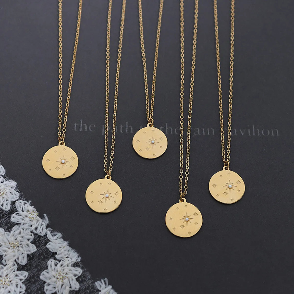 Women’s custom birthstone necklaces-Korea Small Fresh Round Awn Star Inlaid Pearl Titanium Steel Necklace