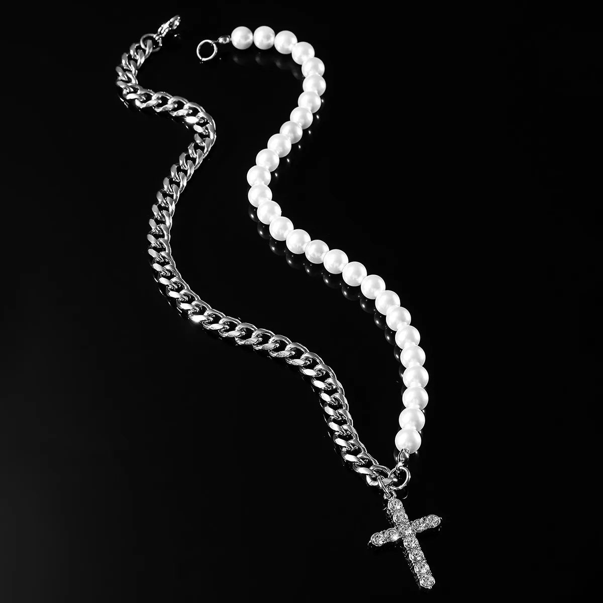 Women’s initial necklaces-Hip-hop Cross Artificial Pearl Alloy Inlay Rhinestones Men's Pendant Necklace