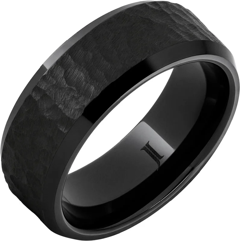 Women’s engagement rings-Black Diamond Ceramic Ring With Moon Crater Finish