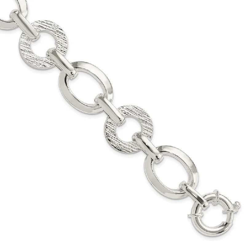 Women’s diamond bracelets-Sterling Silver Polished Ovals And Textured Circles Bracelet-WBC-QG3885-7.5