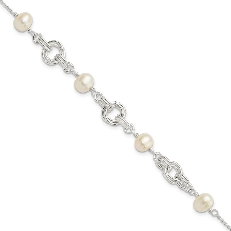 Women’s chunky bangles-Sterling Silver Polished Glass Pearl w/ 1 in ext. Bracelet-WBC-QH5655-6.25