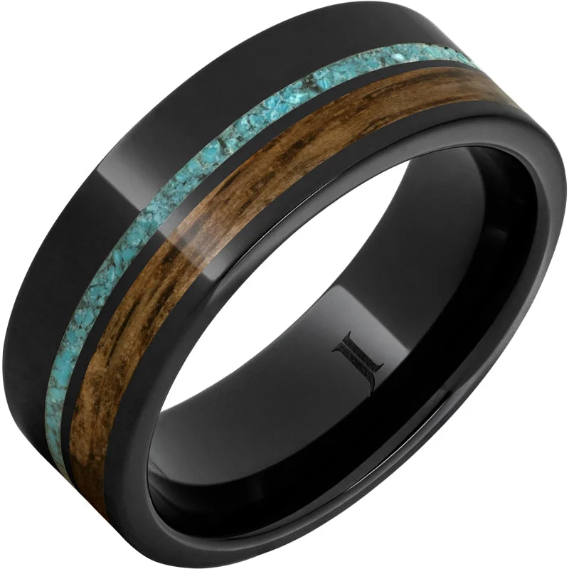 Women’s statement wedding rings-Barrel Aged™ Black Diamond Ceramic™ Ring with Bourbon Wood and Turquoise Inlays