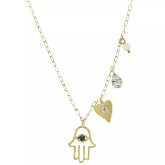 Women’s crystal charm necklaces-Meira T Brushed Gold Hamsa Charm Necklace 14k Yellow Gold