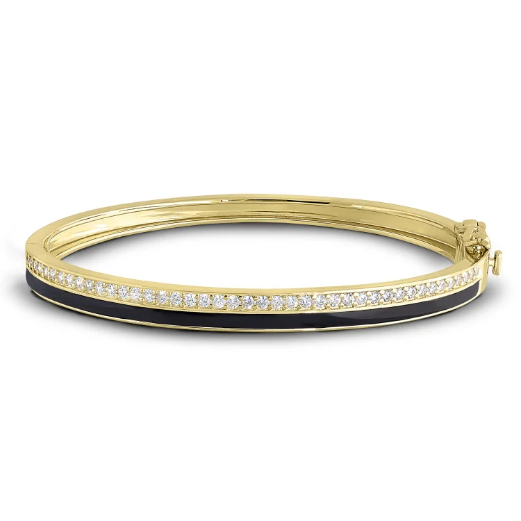 Women’s adjustable bracelets-Gold Vermeil Sterling Silver Micropave Hinged Bangle Bracelet with with Black Enamel and Simulated Diamonds