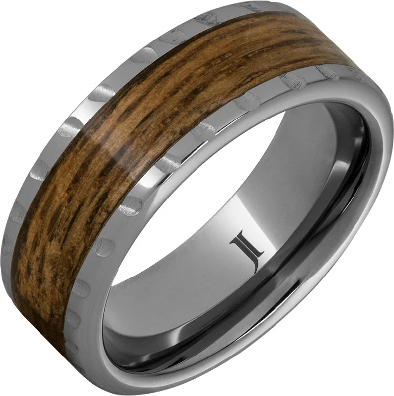 Women’s rainbow rings-Barrel Aged™ Rugged Tungsten™ Ring with Bourbon Wood Inlay and Scored Edge