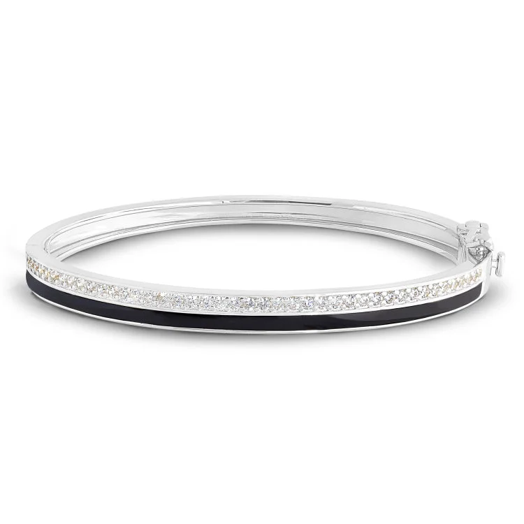 Women’s twisted bracelets-Platinum Finish Sterling Silver Micropave Hinged Bangle Bracelet with with Black Enamel and Simulated Diamonds