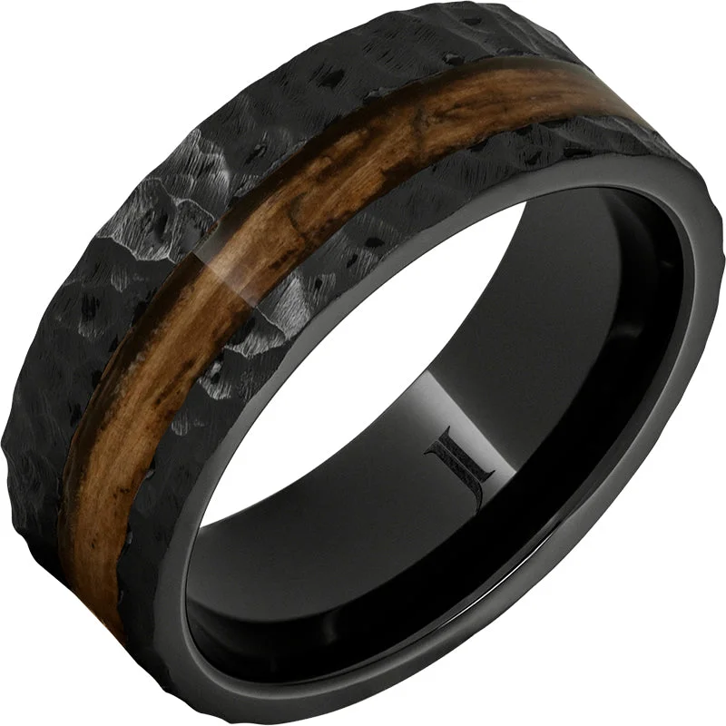 Women’s emerald-cut rings-Barrel Aged™ Black Diamond Ceramic™ Ring with Bourbon Wood Inlay and Moon Crater Carving