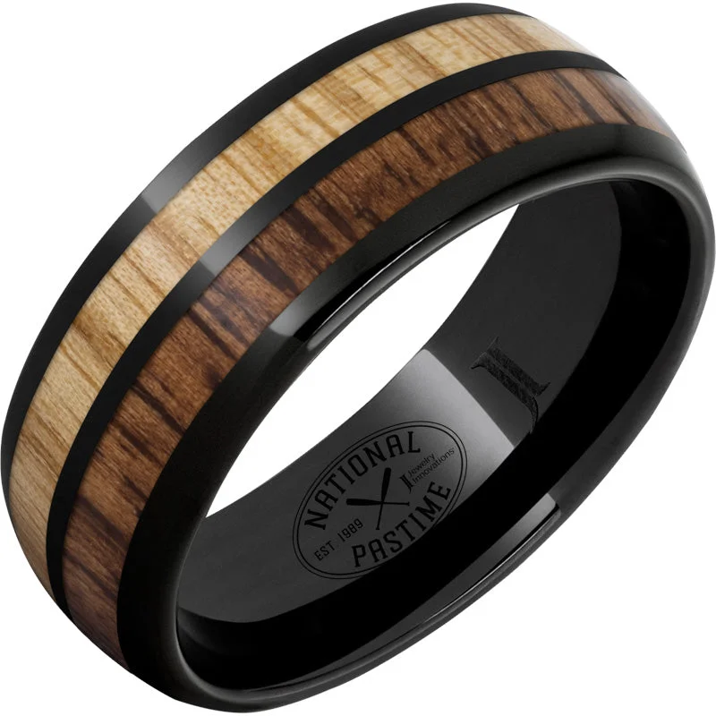 Women’s ruby rings-National Pastime Collection™ Black Diamond Ceramic™ Dome Ring with Hickory and White Ash Vintage Baseball Bat Wood Inlays