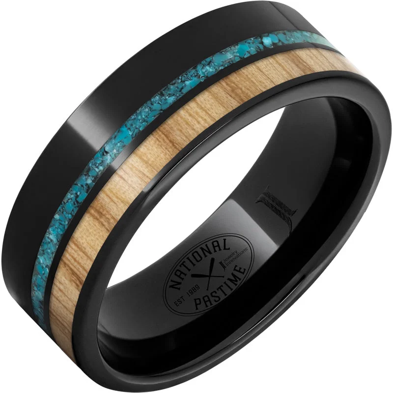 Women’s gold diamond rings-Black Diamond Ceramic™ Ring with White Ash Vintage Baseball Bat Wood and Turquoise Inlays