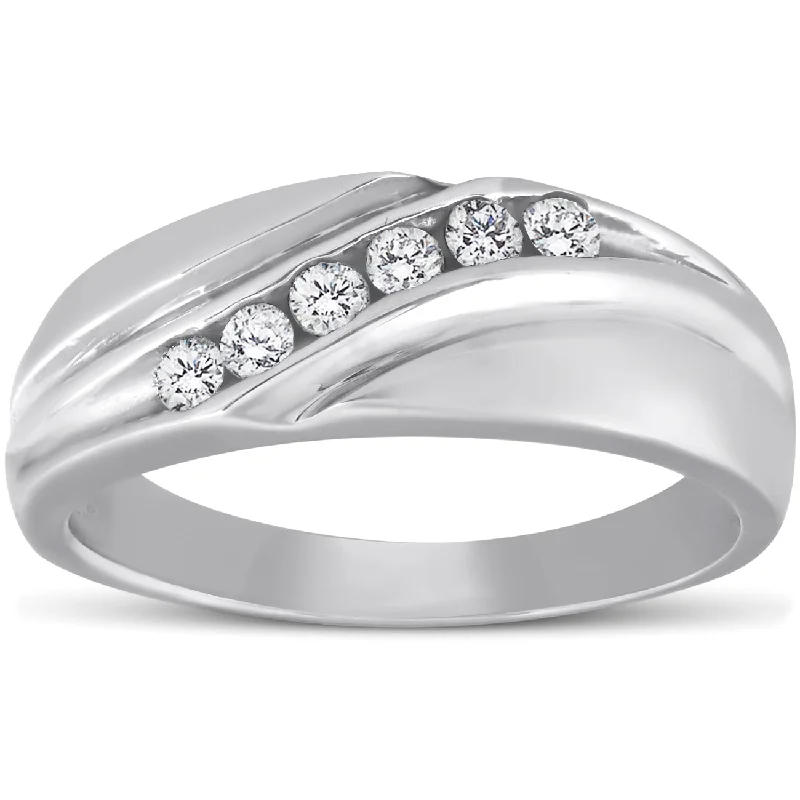 Women’s rose cut engagement rings-Mens 14K White Gold 1/4ct Diamond Wedding Ring High Polished Smooth Band