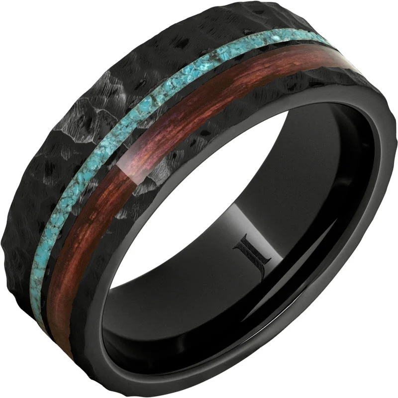 Women’s cocktail gemstone rings-Barrel Aged™ Black Diamond Ceramic™ Ring with Cabernet and Turquoise Inlays and Moon Crater Carving