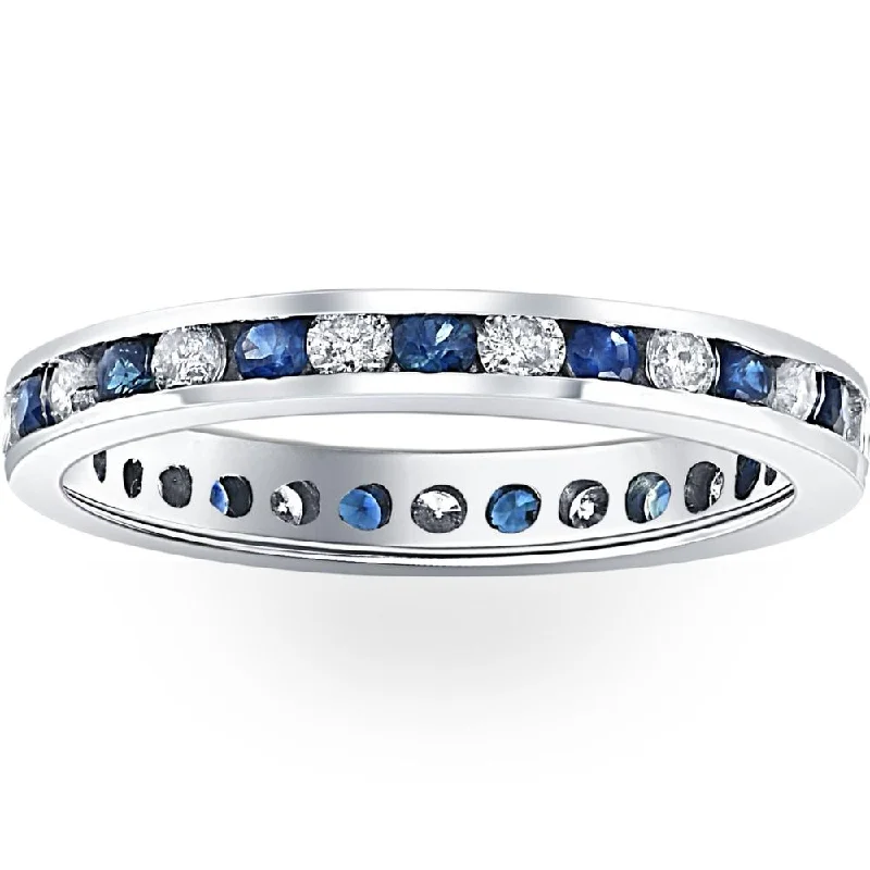 Women’s radiant cut engagement rings-1CT Blue Sapphire & Diamond Channel Set Eternity Wedding Ring 14K White Gold