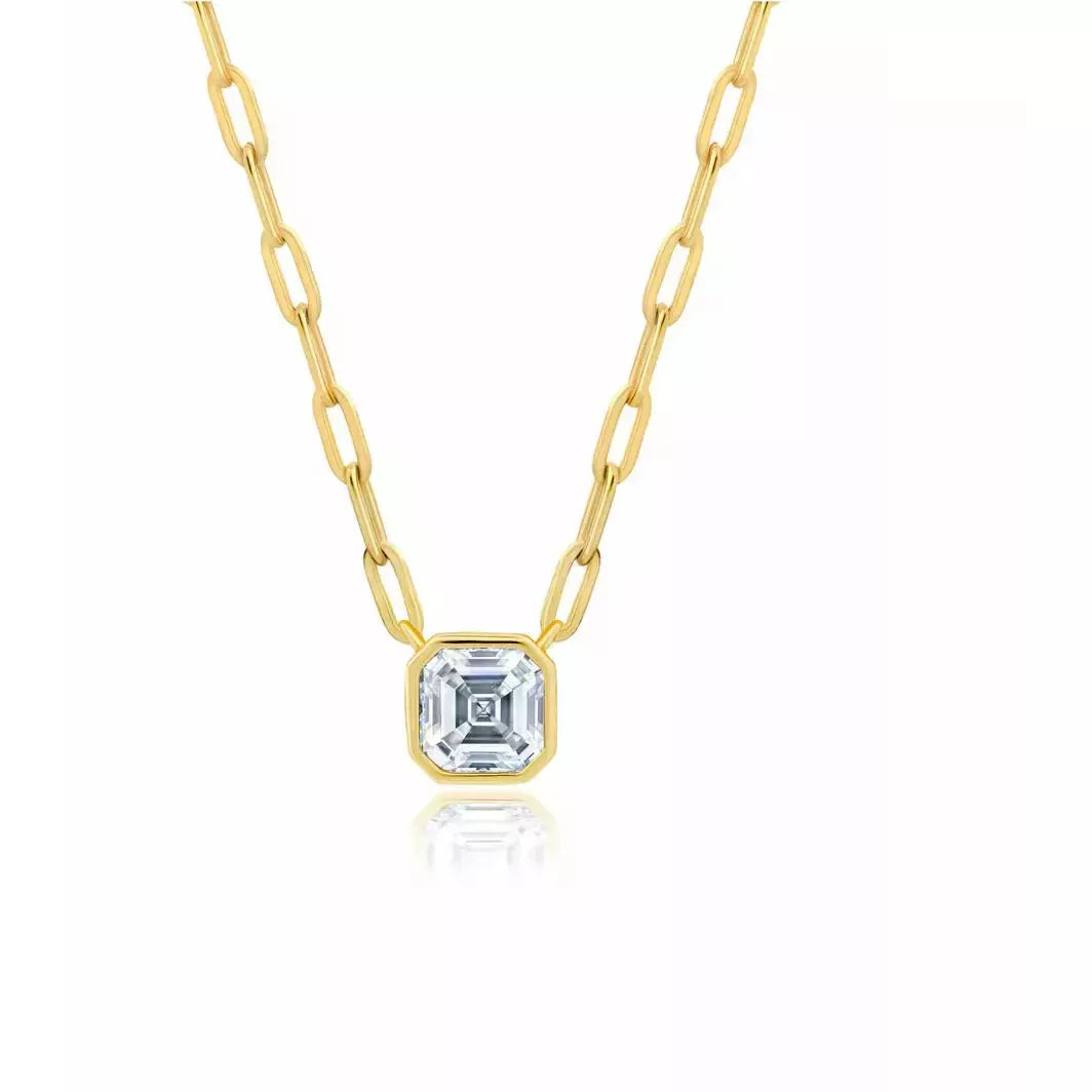 Women’s gemstone necklaces-CRISLU SOLITAIRE BEZEL SET ASSCHER STONE PAPERCLIP STYLE CHAIN