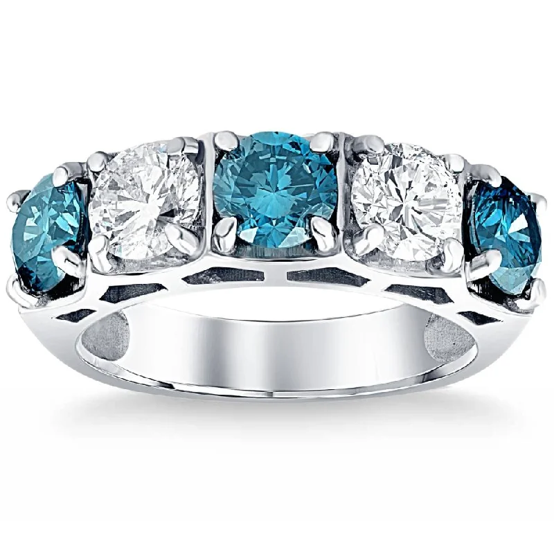 Women’s engagement rings with sapphires-3 1/4Ct Blue Diamond Wedding Ring White Gold Lab Grown Anniversary 5-Stone Band