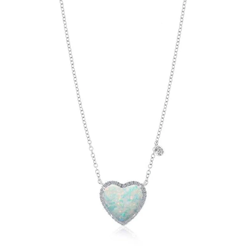 Women’s pearl necklaces-Meira T White Opal  Tiny Heart with  Diamond Halo 14kt White Gold